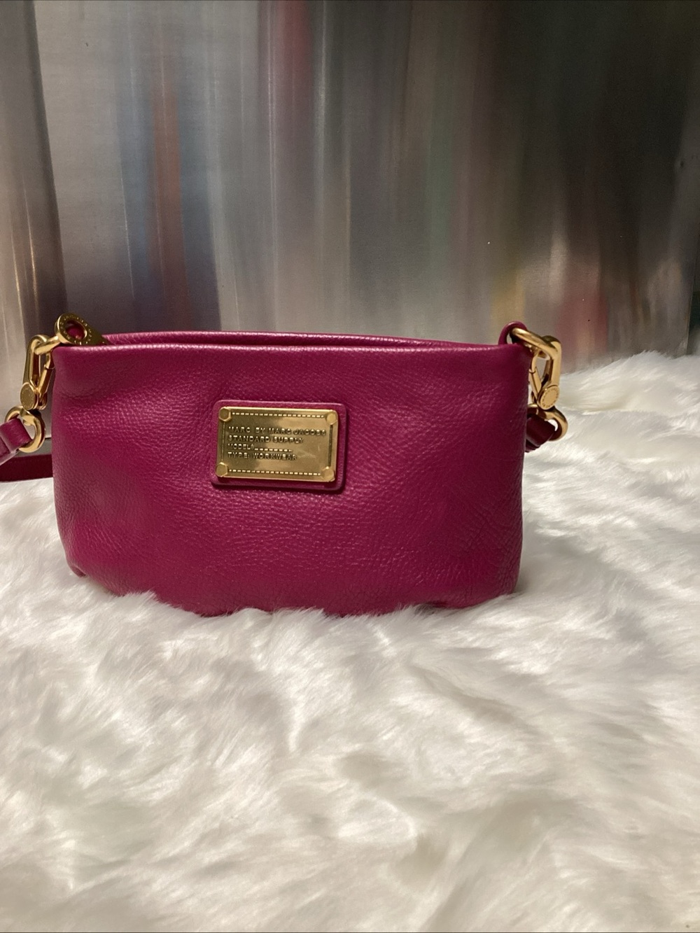 Marc by Marc Jacobs Fuchsia Leather Crossbody with Gold Plaque